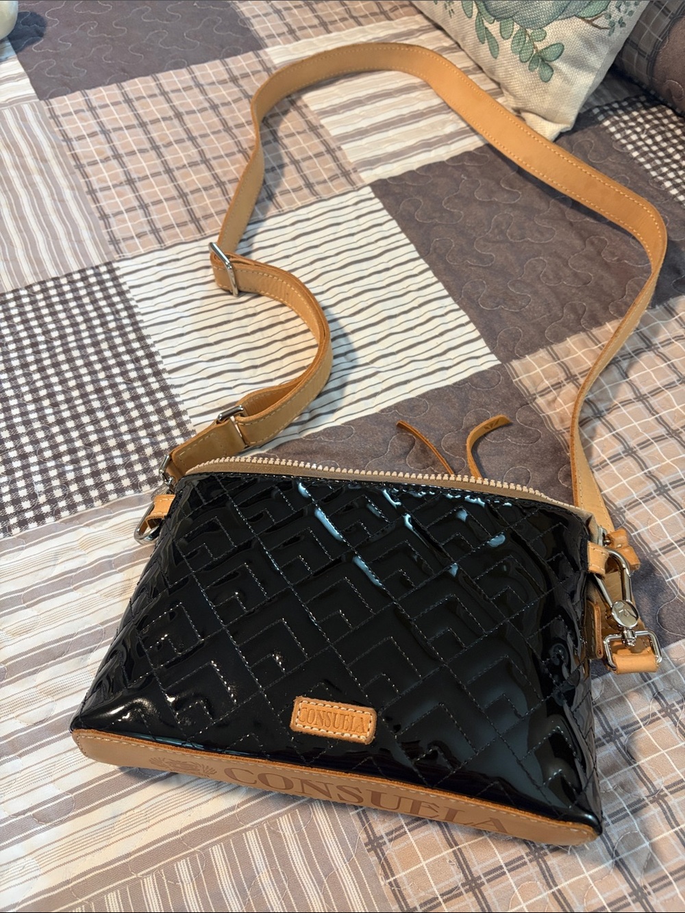 Consuela Black Patent Crossbody with Tan Strap and Trim